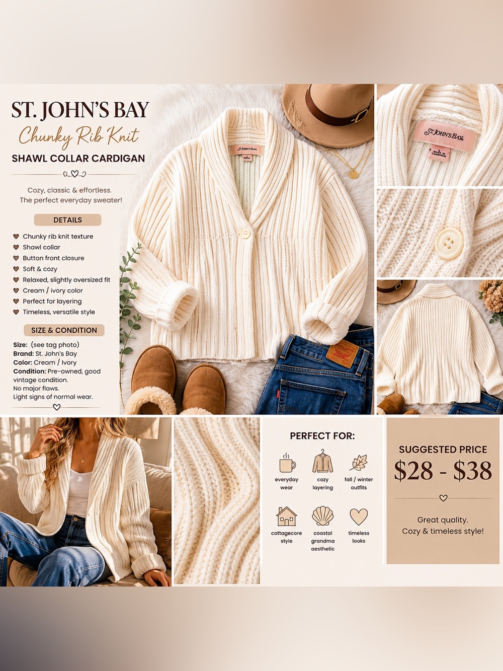 St. John's Bay Cream Ribbed Shawl-Collar Cardigan